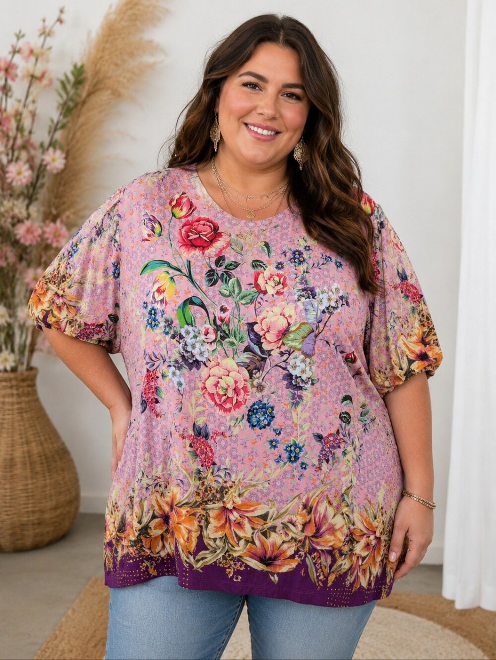Johnny Was Topiary Puff Sleeve Knit Tee | Floral Boho Top | 2X